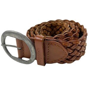 VTG Aeropostale Braided Leather Brown Belt Silvertone Buckle Logo Size Medium